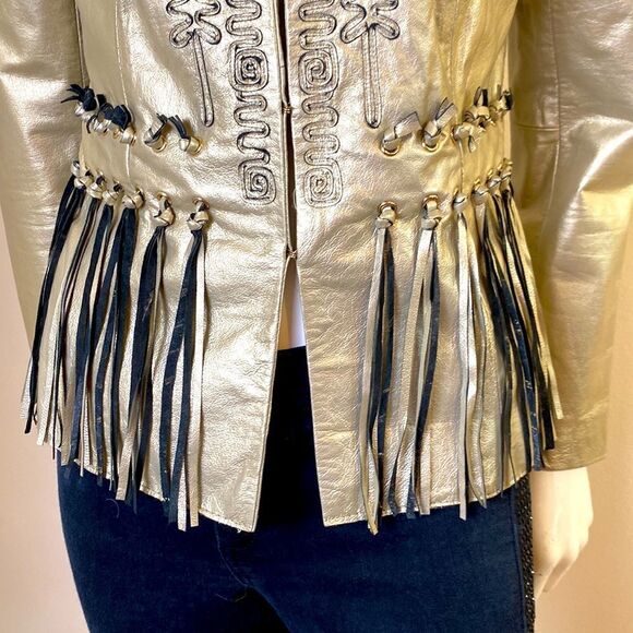 Leather Jacket Vintage 1980's Gold with Fringe Boho Carlos Fiori Size XS - Picture 5 of 11